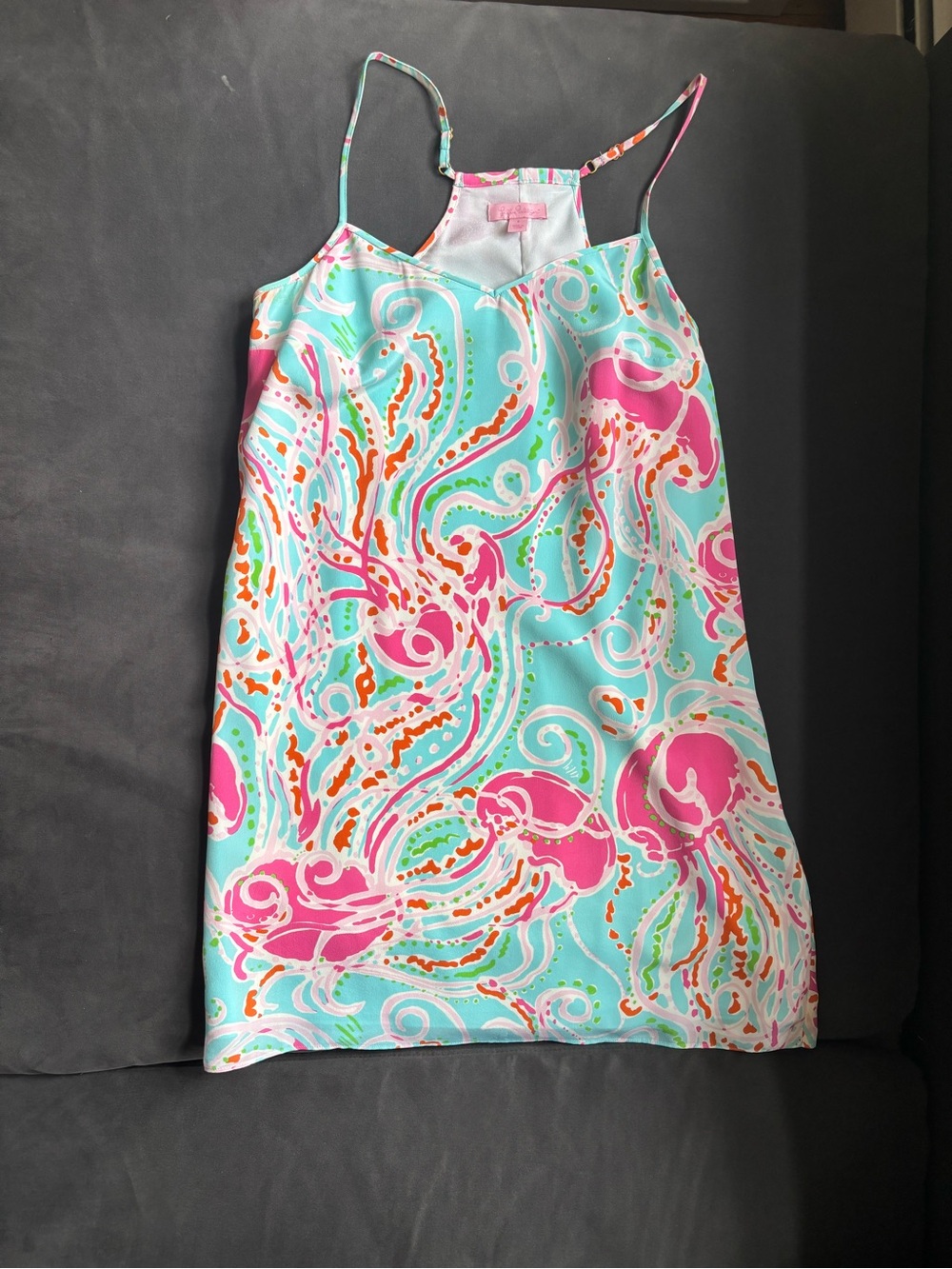 100% Silk Lilly Pulitzer pink, teal, and orange jellyfish print dress in a S